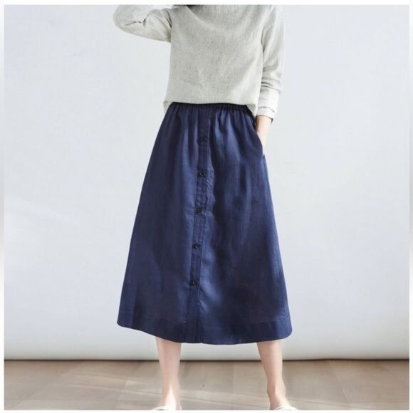 Garan Womens Elastic Waist Navy Skirt With Button Front Relaxed Fit Cotton Blend - Picture 2 of 13